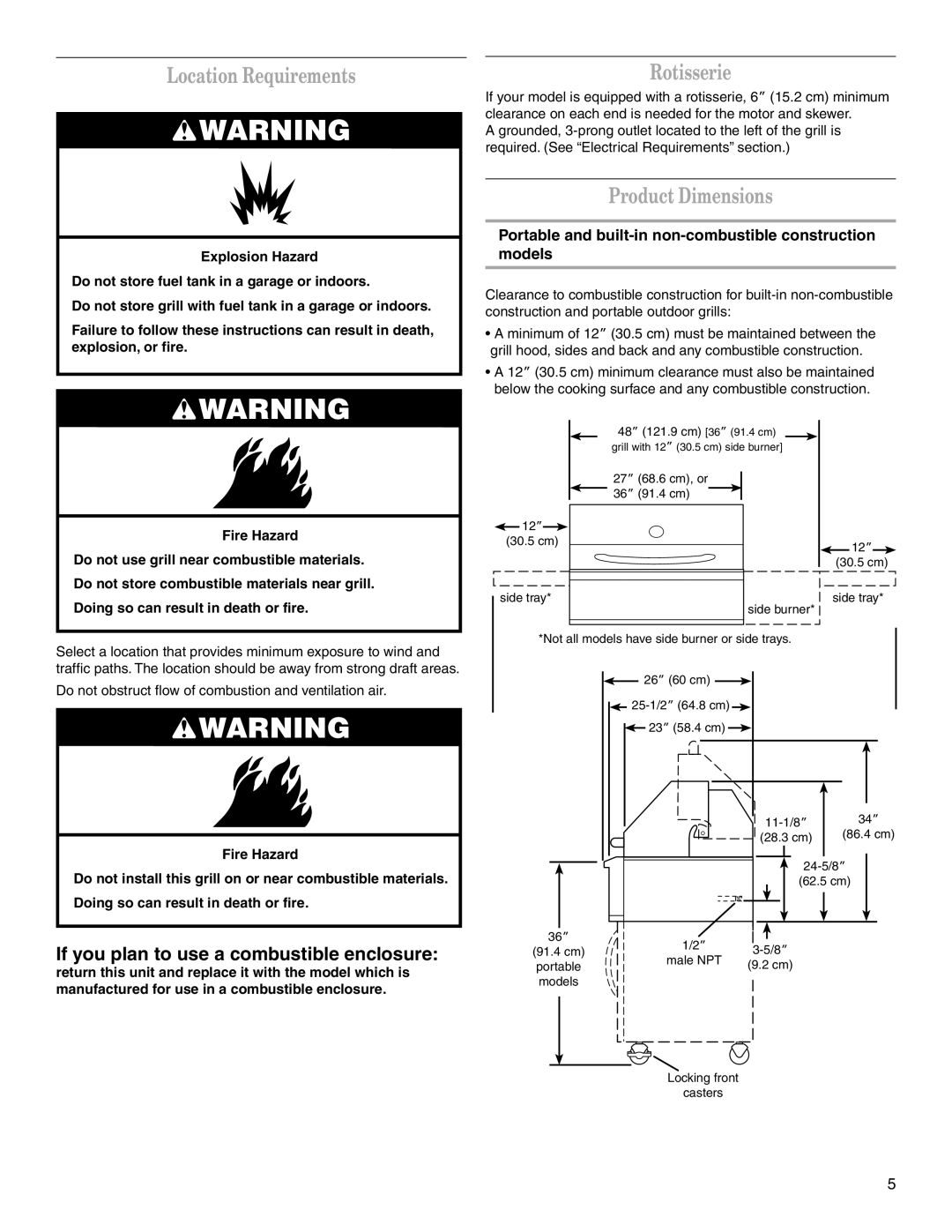 KitchenAid KFGR271SSS Location Requirements, Rotisserie, Product Dimensions, If you plan to use a combustible enclosure 