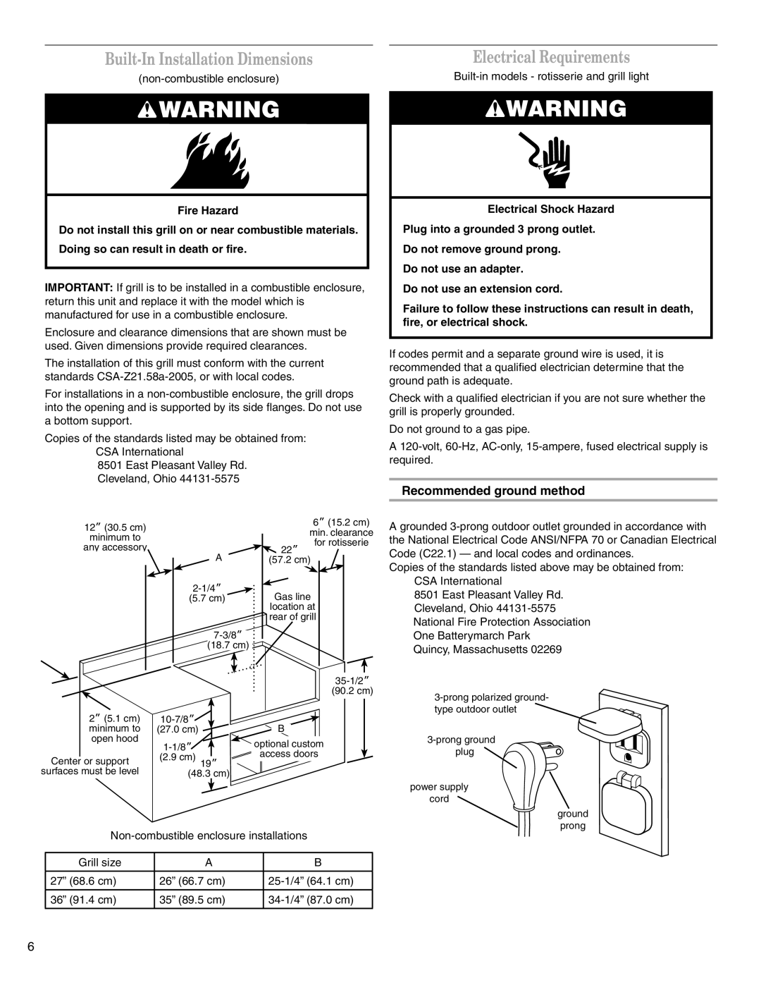 KitchenAid KFGR383SSS, KFGR361SSS Built-In Installation Dimensions, Electrical Requirements, Recommended ground method 