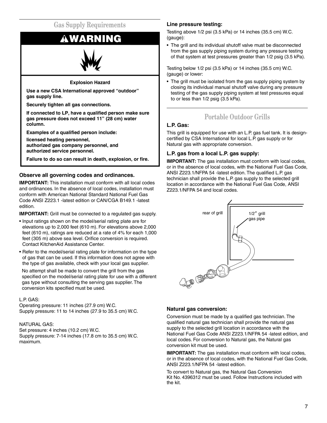 KitchenAid KFGR361SSS, KFGR383SSS, KFGR271SSS installation instructions Gas Supply Requirements, Portable Outdoor Grills 