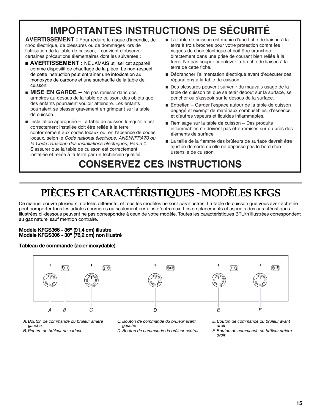 KitchenAid KFGS306, KFGU766, KFGU706, KFGS366 Pièces ET Caractéristiques Modèles Kfgs, Importantes Instructions DE Sécurité 