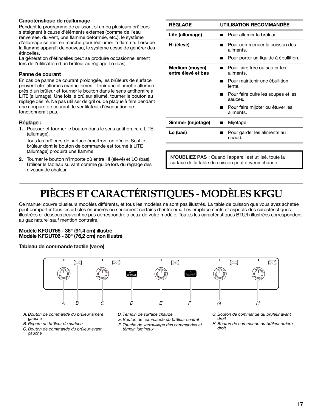 KitchenAid KFGU706 manual Pièces ET Caractéristiques Modèles Kfgu, Caractéristique de réallumage, Panne de courant, Réglage 