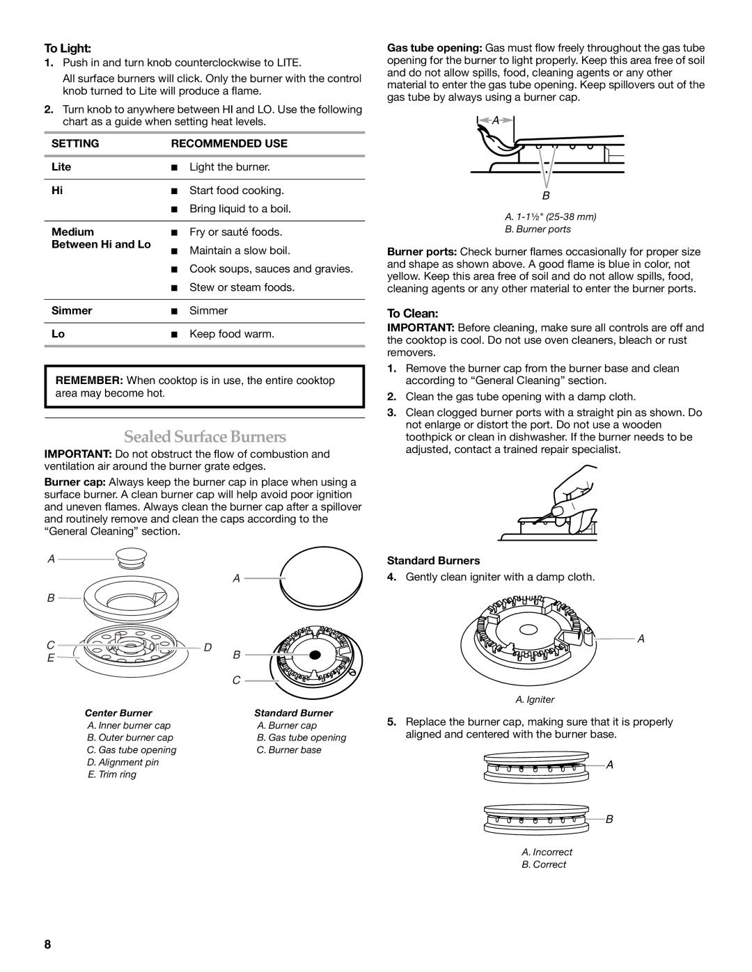 KitchenAid KFGS366, KFGS306, KFGU766, KFGU706, 8286868A manual Sealed SurfaceBurners, To Clean, Standard Burners 