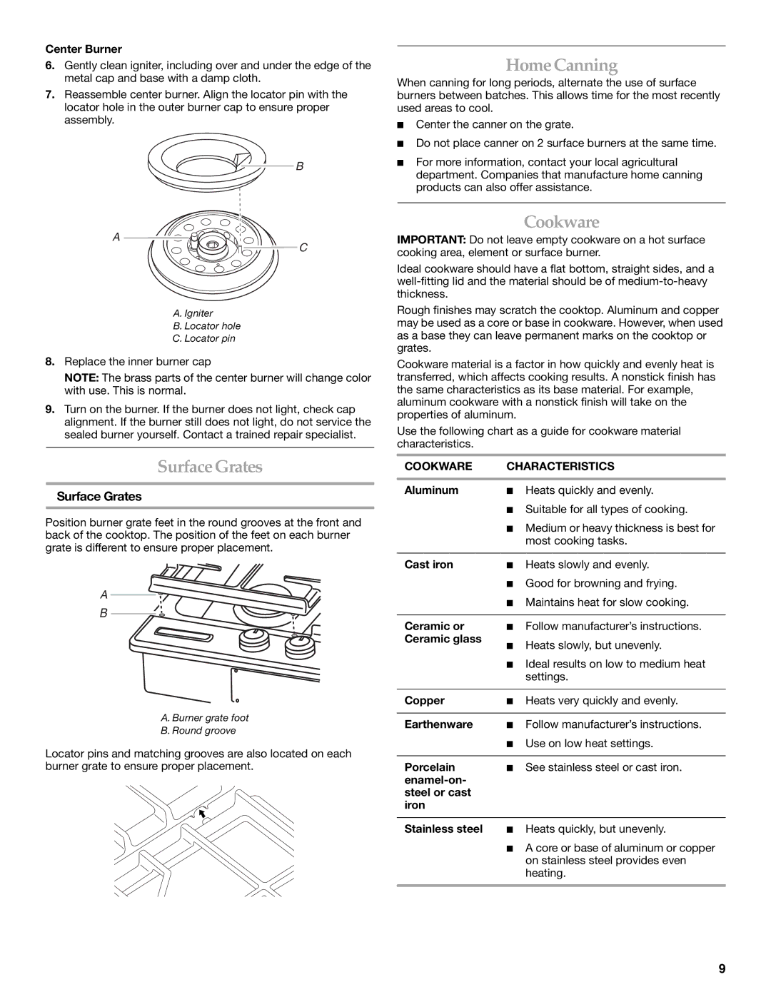 KitchenAid 8286868A, KFGS306, KFGU766, KFGU706 manual SurfaceGrates, HomeCanning, Surface Grates, Cookware Characteristics 