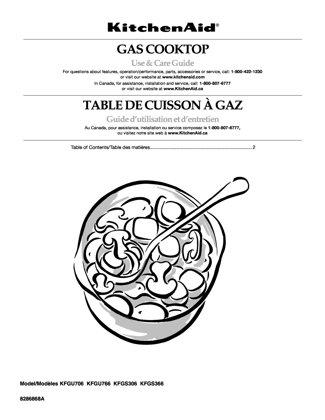 KitchenAid KFGU766 manual Gas Cooktop, Table De Cuisson À Gaz, Use &CareGuide, Guided’utilisationetd’entretien, 8286868A 