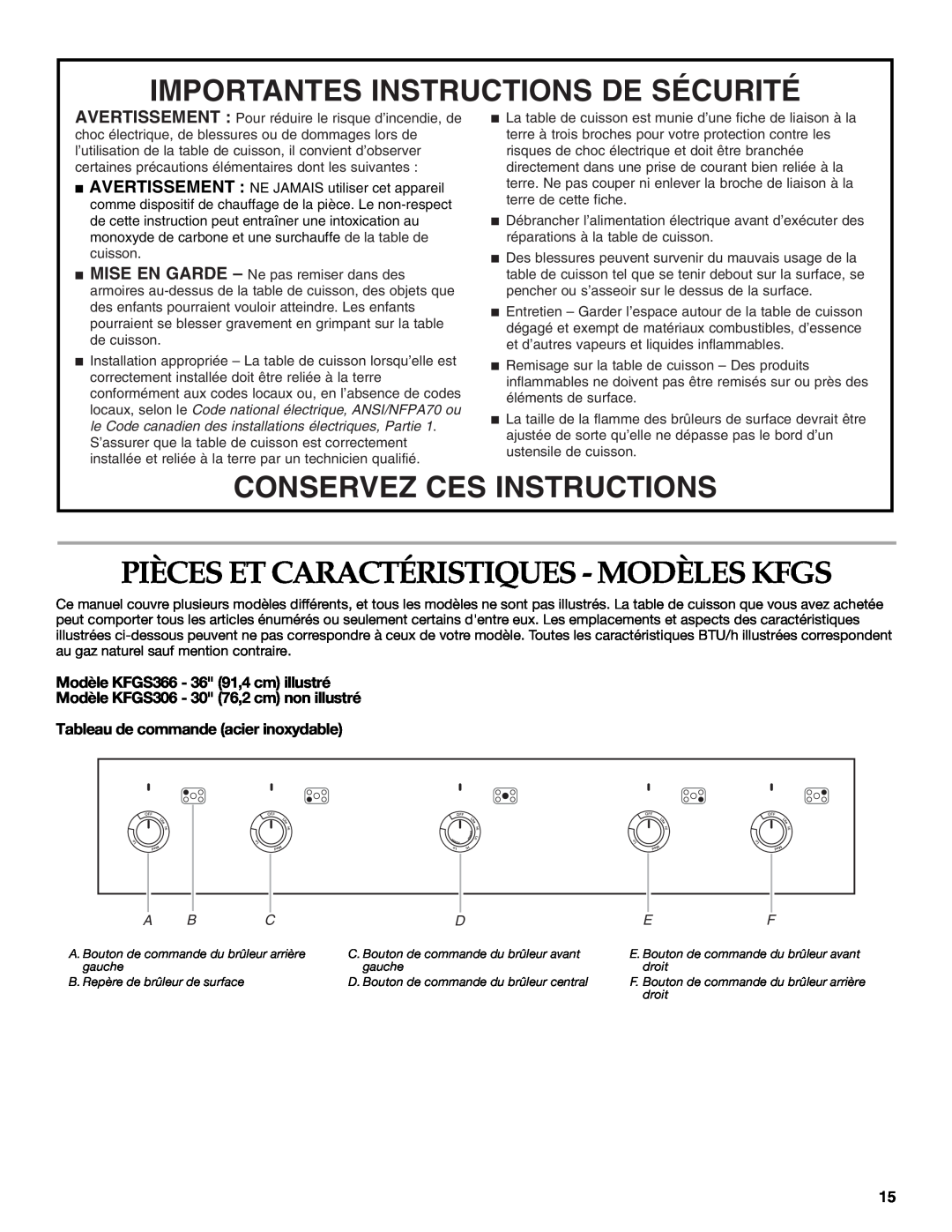 KitchenAid KFGS306, KFGU766, KFGU706 manual Pièces Et Caractéristiques - Modèles Kfgs, Importantes Instructions De Sécurité 