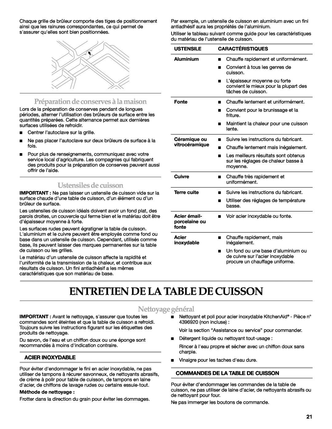 KitchenAid KFGU766, KFGS306 manual Entretien De La Table De Cuisson, Préparationdeconservesà lamaison, Ustensiles de cuisson 