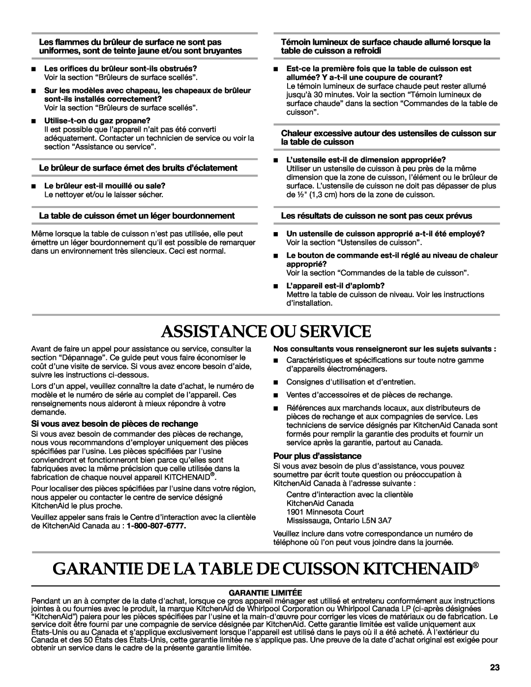 KitchenAid KFGS366, KFGS306 manual Assistance Ou Service, Garantie De La Table De Cuisson Kitchenaid, Pour plus d’assistance 