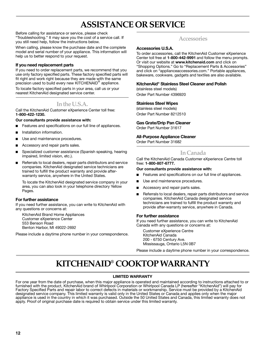 KitchenAid KFGS306, KFGU766, KFGU706 manual Assistance or Service, Kitchenaid Cooktop Warranty, Accessories, TheU.S.A, Canada 