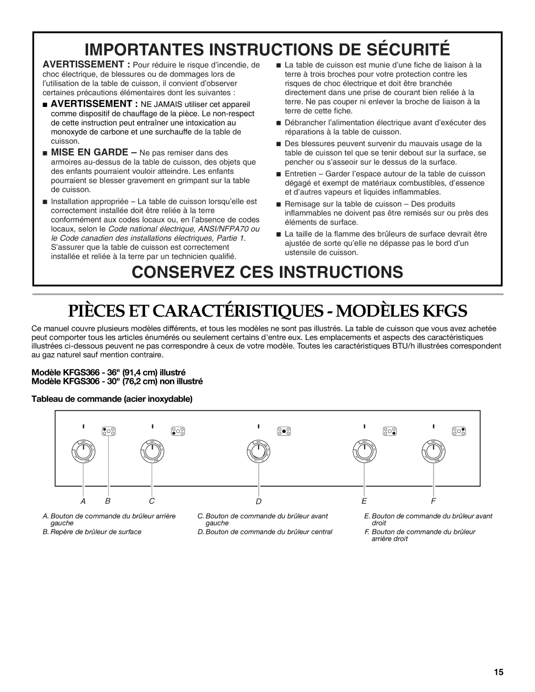 KitchenAid KFGS366, KFGS306, KFGU766, KFGU706 Pièces ET Caractéristiques Modèles Kfgs, Importantes Instructions DE Sécurité 