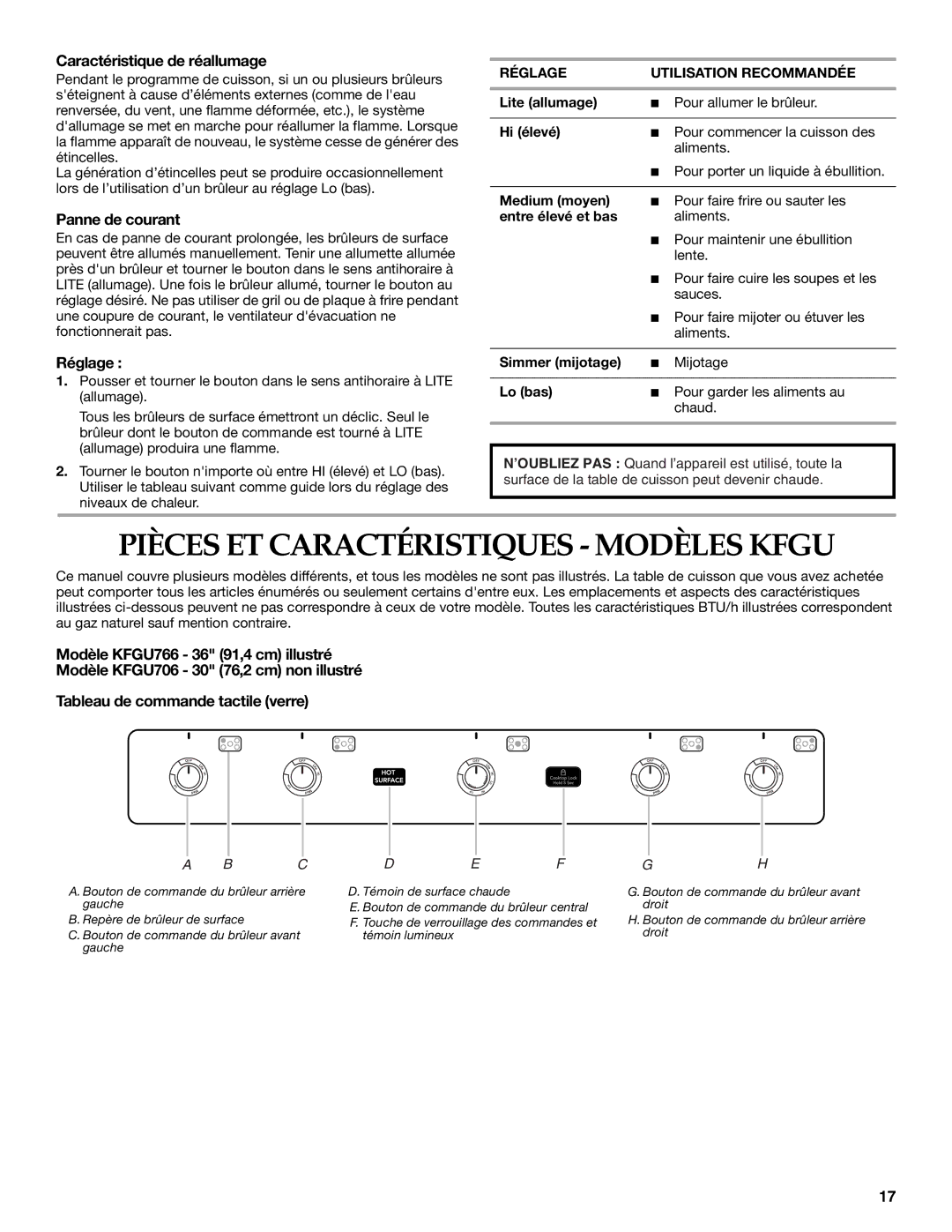 KitchenAid KFGU766 manual Pièces ET Caractéristiques Modèles Kfgu, Caractéristique de réallumage, Panne de courant, Réglage 