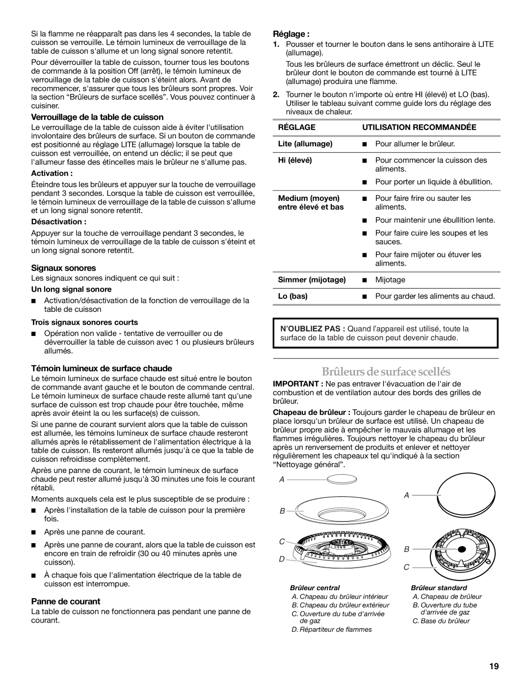 KitchenAid KFGS366, KFGS306, KFGU766 manual Brûleurs desurfacescellés, Verrouillage de la table de cuisson, Signaux sonores 