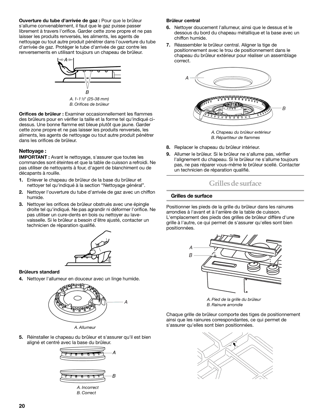 KitchenAid KFGS306, KFGU766, KFGU706 Grilles desurface, Nettoyage, Grilles de surface, Brûleur central, Brûleurs standard 