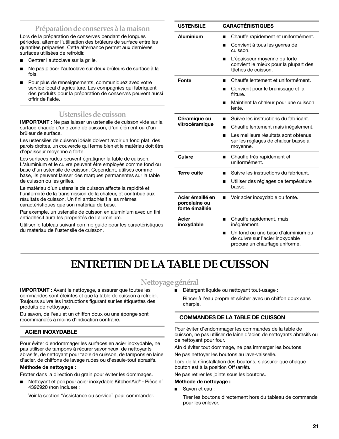 KitchenAid KFGU766, KFGS306 manual Entretien DE LA Table DE Cuisson, Préparationdeconservesà lamaison, Ustensiles de cuisson 