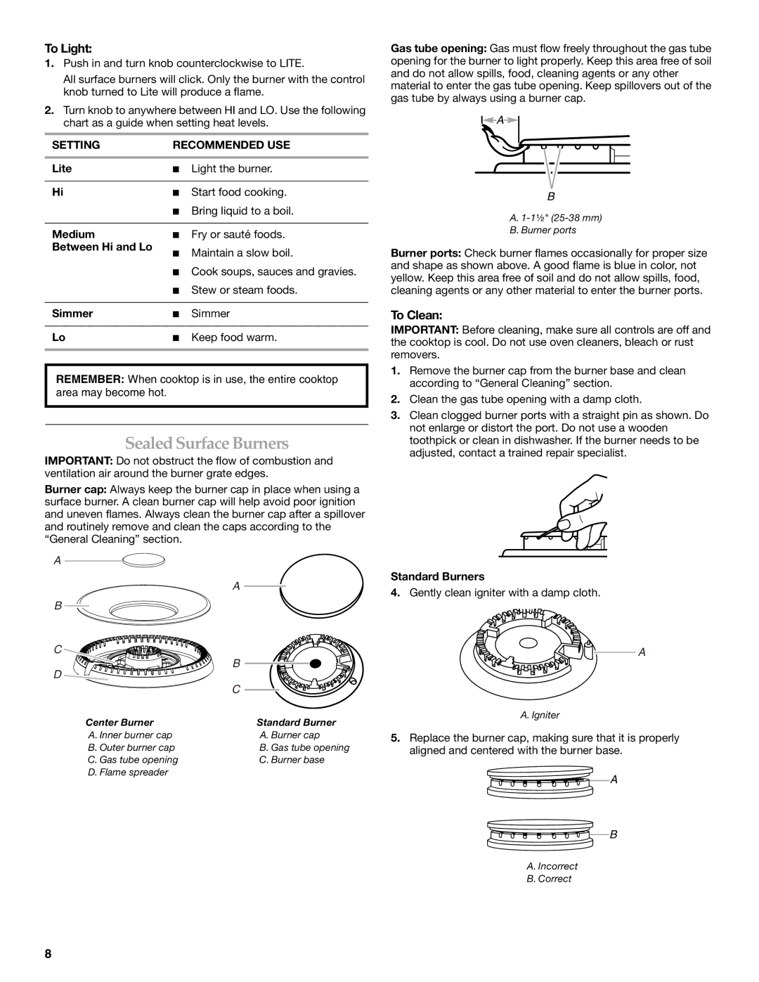 KitchenAid KFGS306, KFGU766, KFGU706, KFGS366 manual Sealed SurfaceBurners, To Clean, Standard Burners 