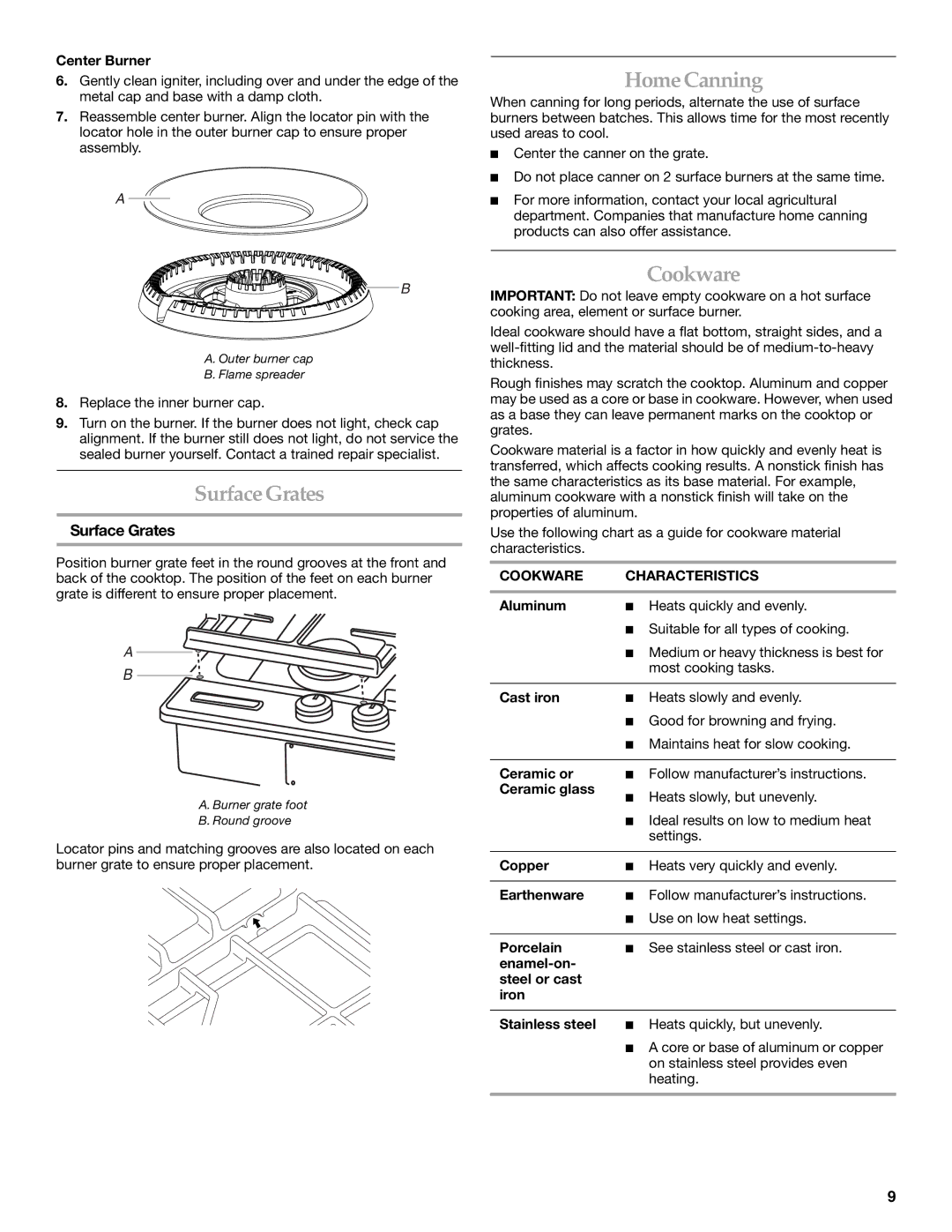 KitchenAid KFGU766, KFGS306, KFGU706, KFGS366 manual SurfaceGrates, HomeCanning, Surface Grates, Cookware Characteristics 