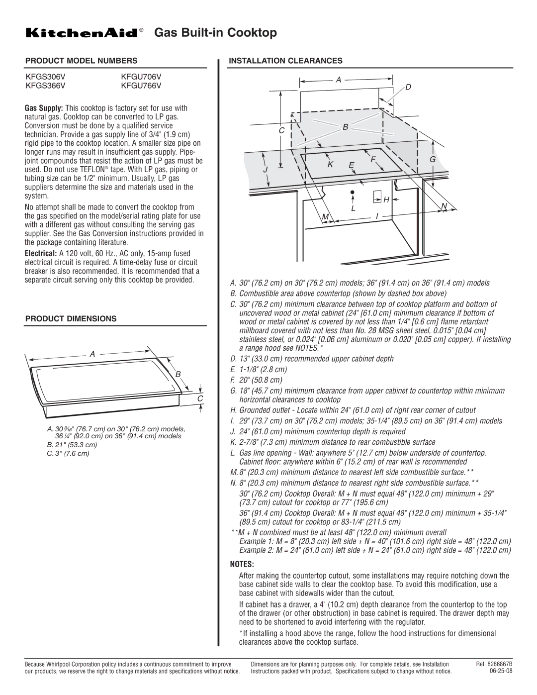 KitchenAid specifications Gas Built-in Cooktop, Product Model Numbers, KFGS306VKFGU706V KFGS366VKFGU766V 