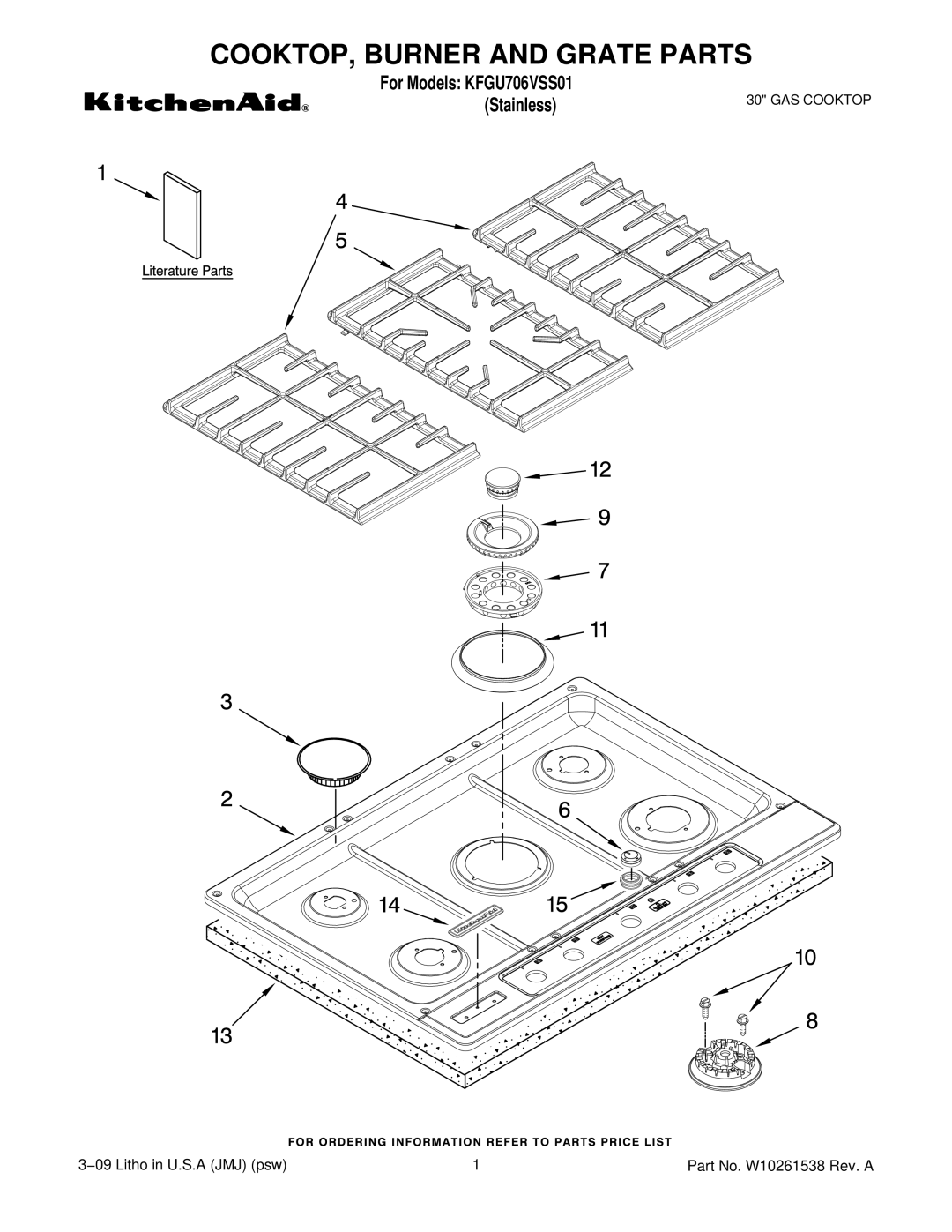 KitchenAid KFGU706VSS01 manual COOKTOP, Burner and Grate Parts 