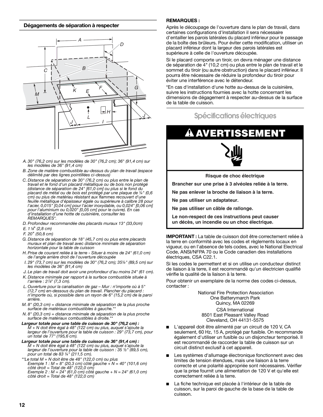 KitchenAid KFGU766VSS installation instructions Spécifications électriques, Dégagements de séparation à respecter 