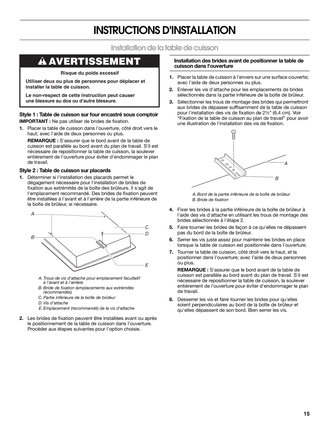 KitchenAid KFGU766VSS Installation de la table de cuisson, Style 1 Table de cuisson sur four encastré sous comptoir 