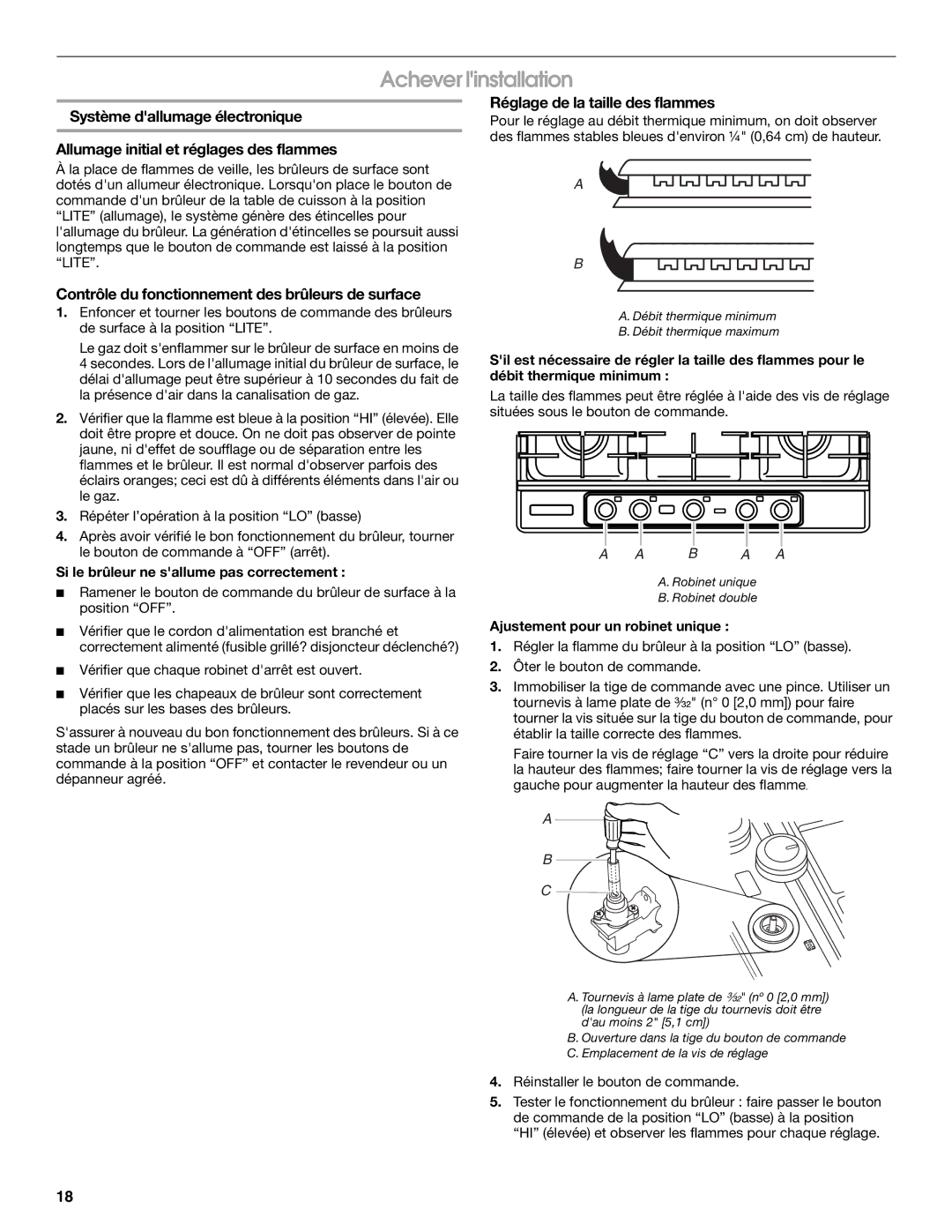 KitchenAid KFGU766VSS installation instructions Achever linstallation, Contrôle du fonctionnement des brûleurs de surface 