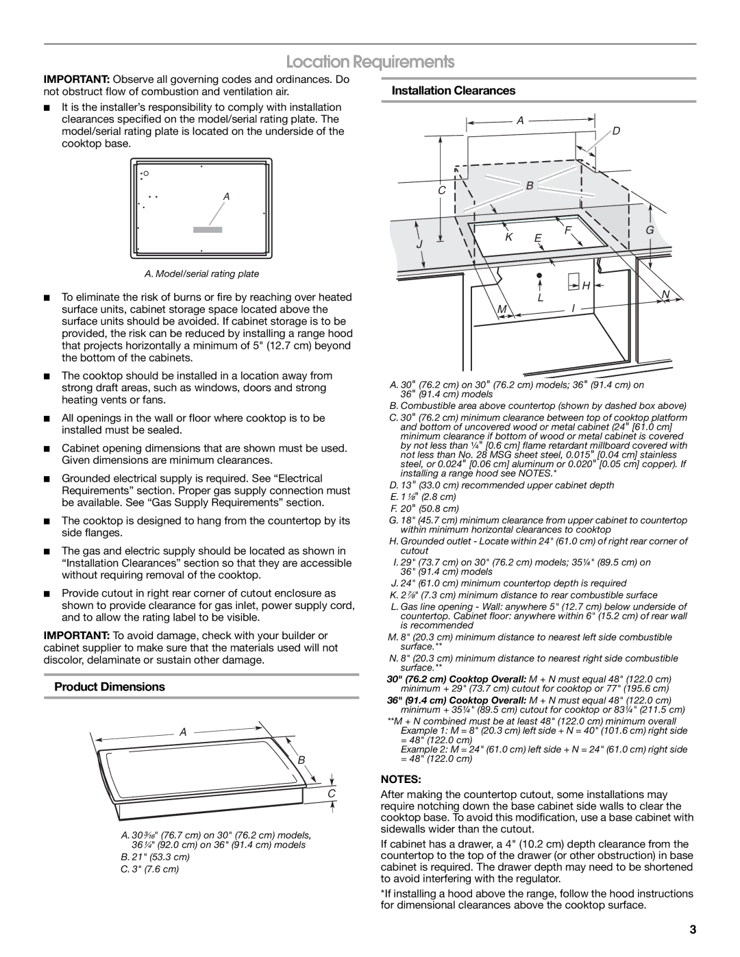 KitchenAid KFGU766VSS installation instructions Location Requirements, Installation Clearances, Product Dimensions 