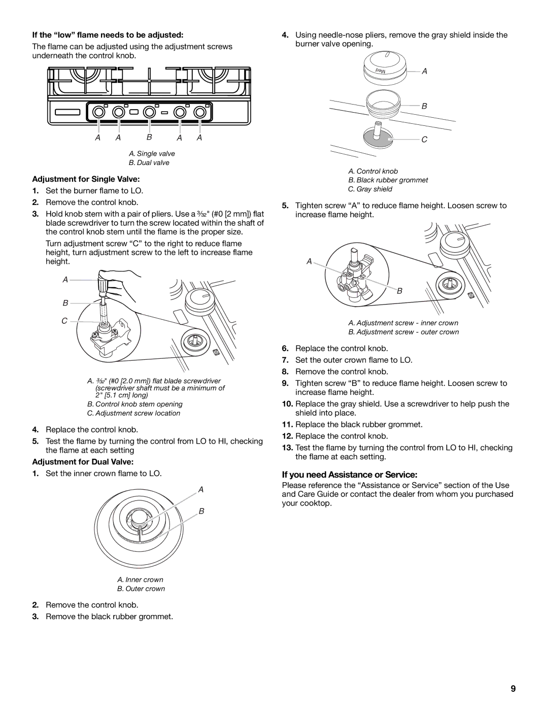 KitchenAid KFGU766VSS If you need Assistance or Service, If the low flame needs to be adjusted, Adjustment for Dual Valve 