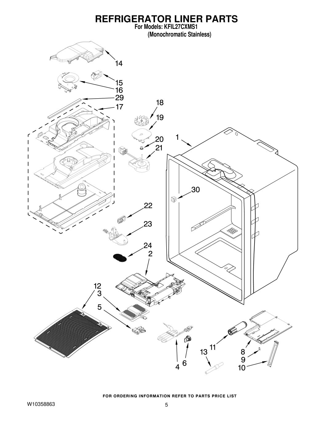 KitchenAid KFIL27CXMS1 manual Refrigerator Liner Parts 