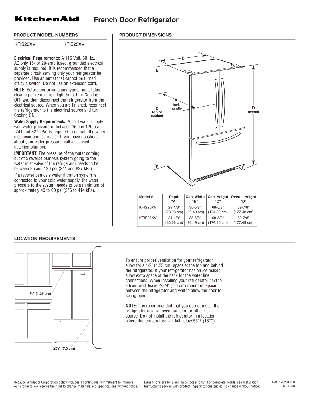 KitchenAid KFIS25XV dimensions French Door Refrigerator, Product Model Numbers, Electrical Requirements a 115 Volt, 60 Hz 