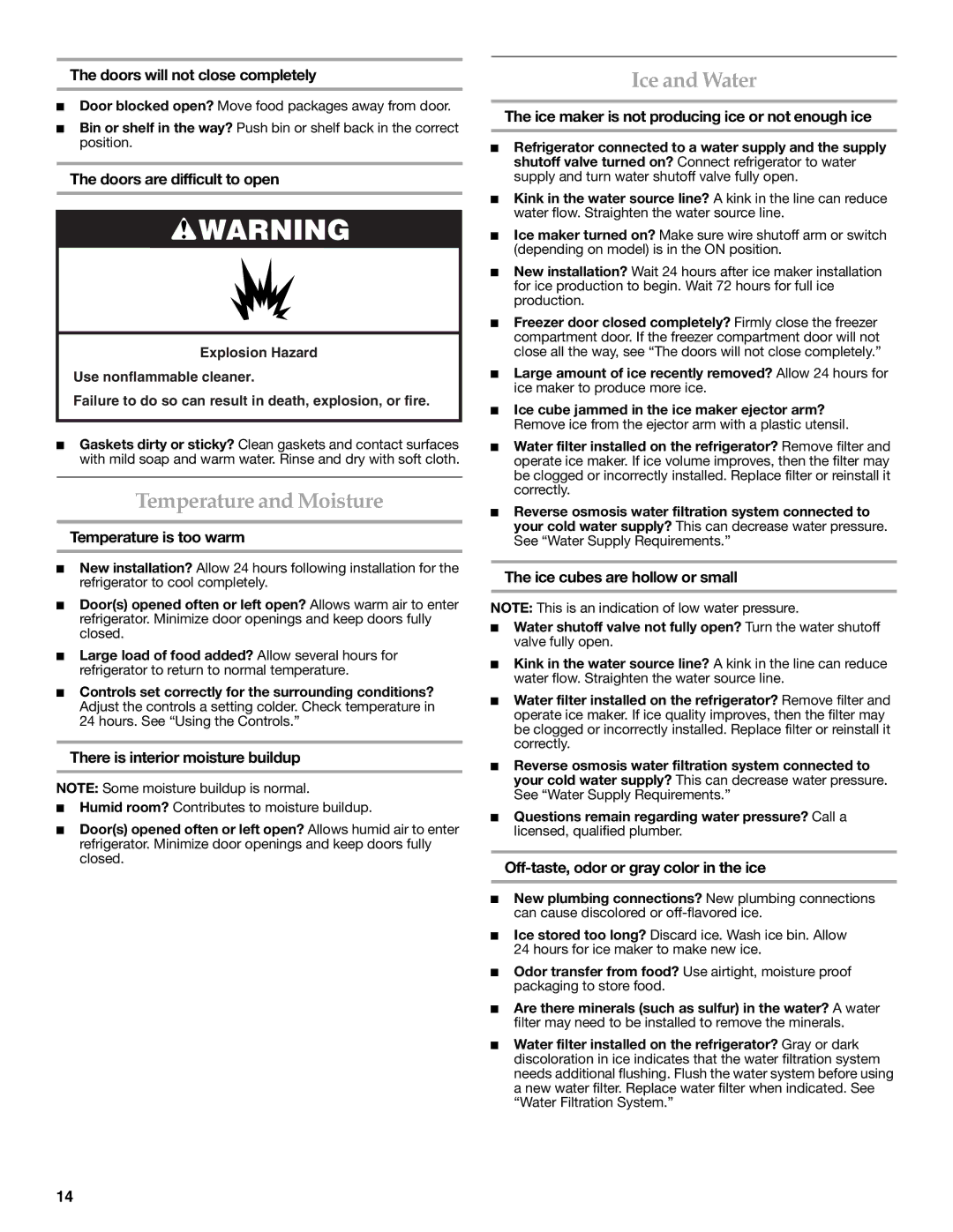 KitchenAid KFIS20XVBL installation instructions Temperature and Moisture, Ice and Water 