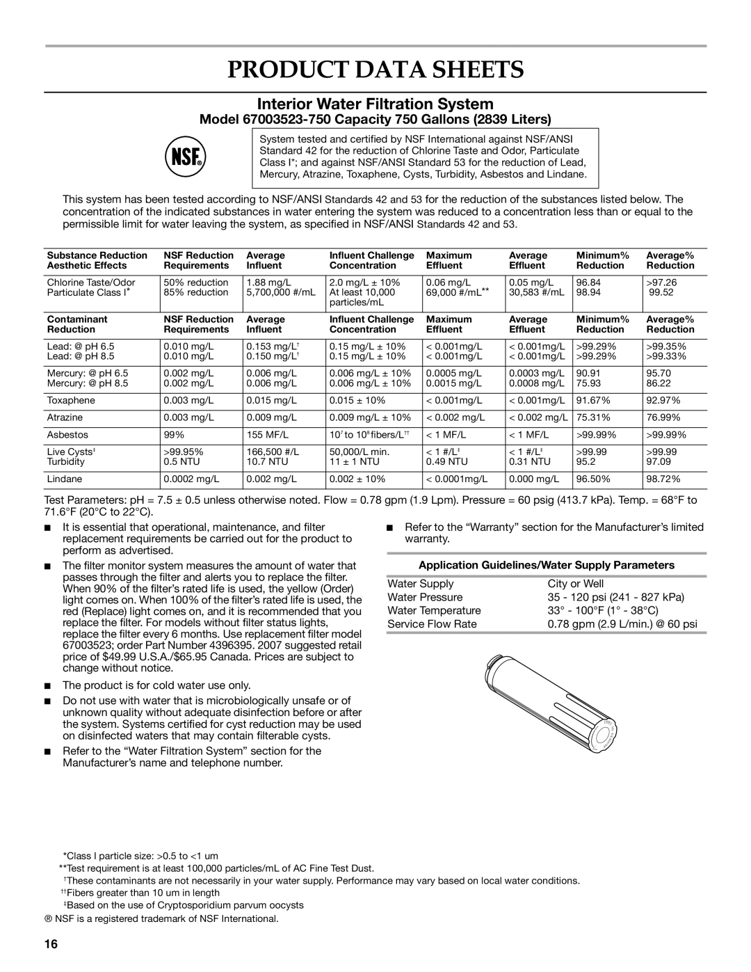 KitchenAid KFIS20XVBL installation instructions Product Data Sheets, Application Guidelines/Water Supply Parameters 