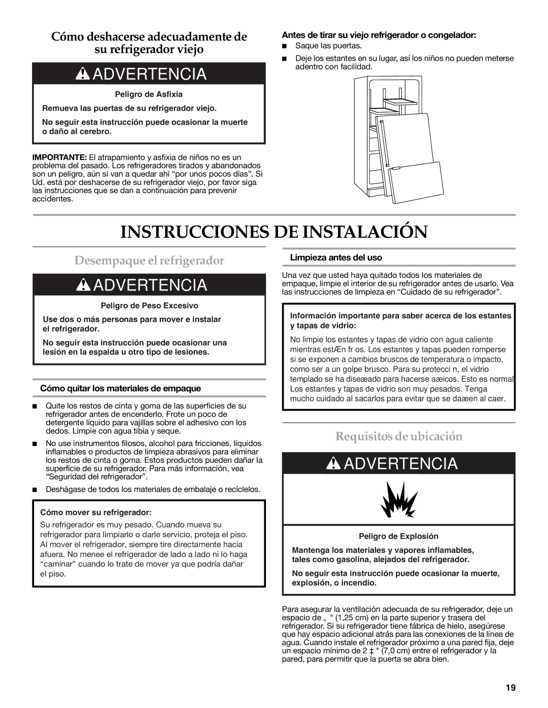 KitchenAid KFIS20XVBL Instrucciones DE Instalación, Desempaque el refrigerador, Requisitos de ubicación 