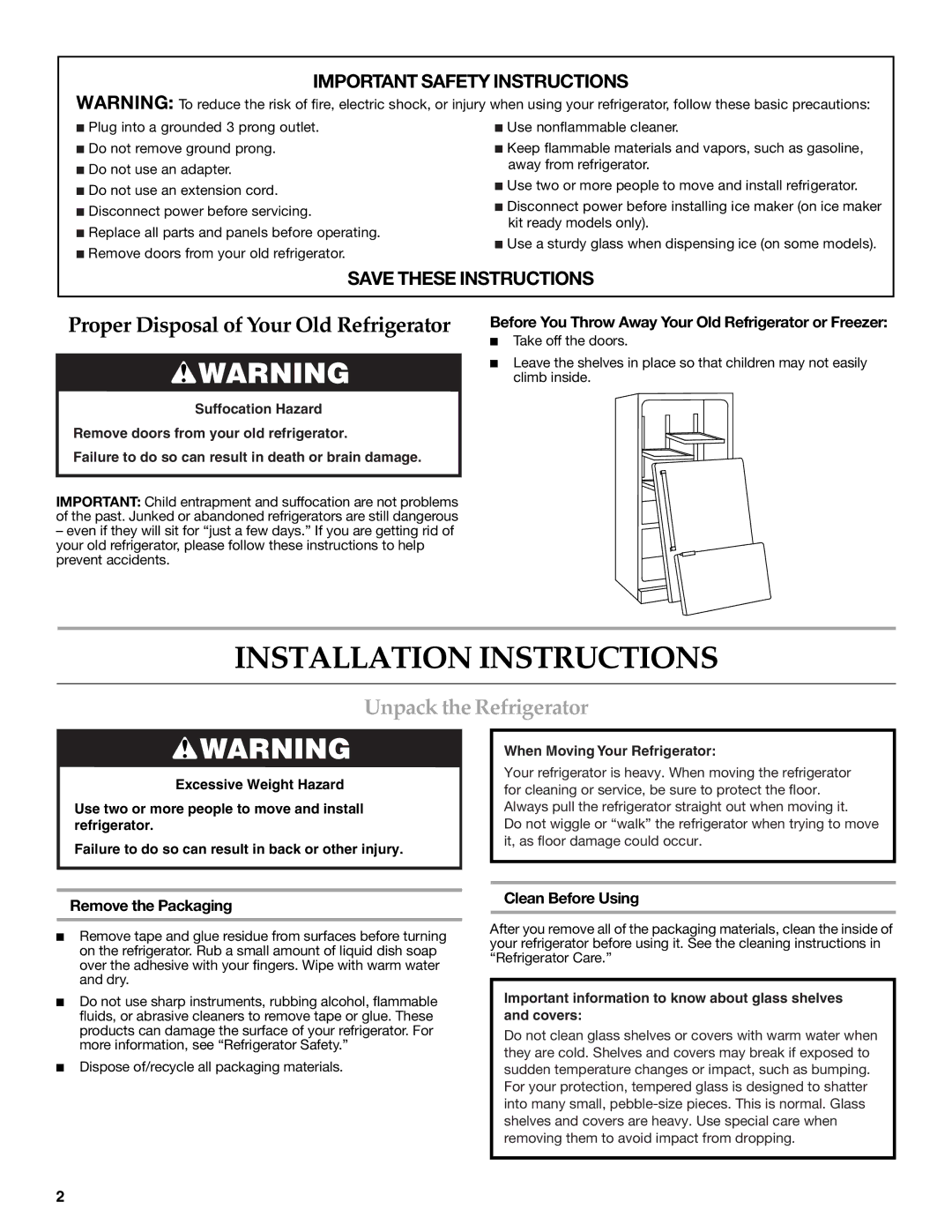 KitchenAid KFIS20XVBL Installation Instructions, Unpack the Refrigerator, Remove the Packaging, Clean Before Using 