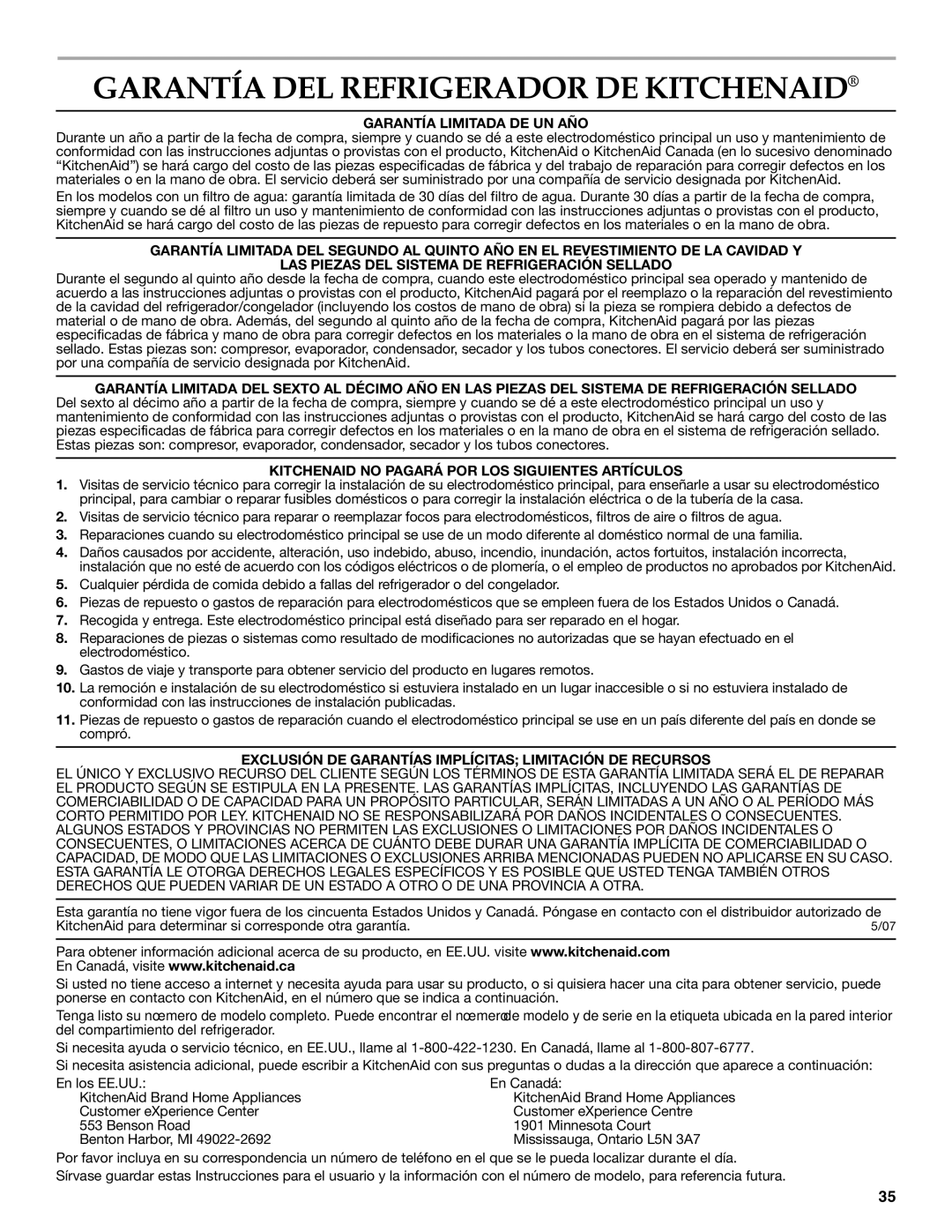 KitchenAid KFIS20XVBL installation instructions Garantía DEL Refrigerador DE Kitchenaid, Garantía Limitada DE UN AÑO 