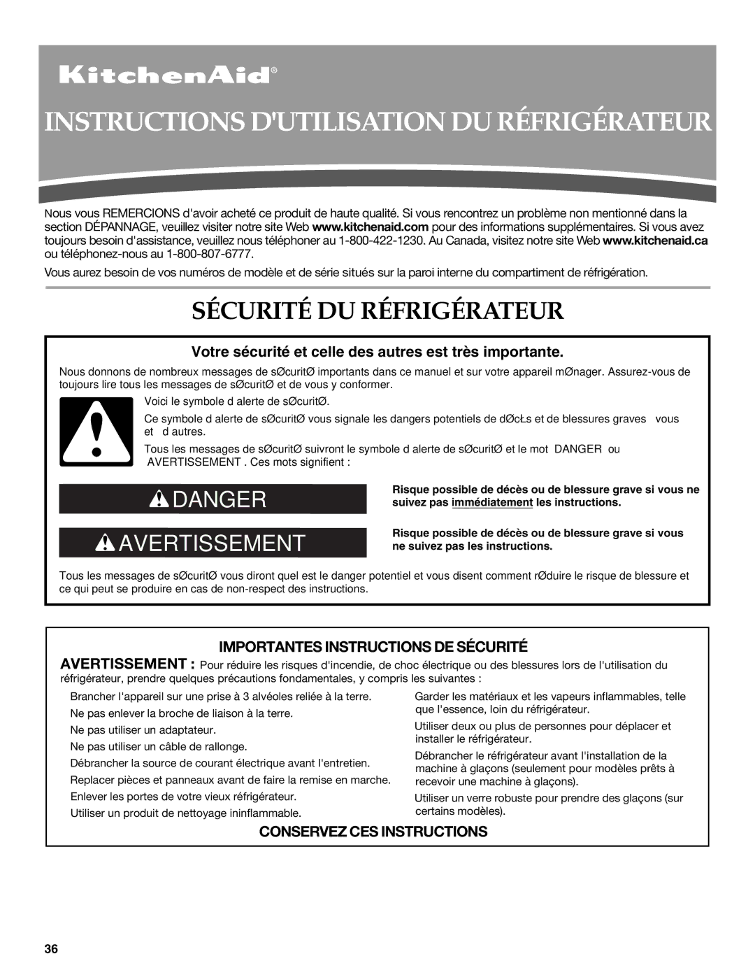 KitchenAid KFIS20XVBL installation instructions Instructions Dutilisation DU Réfrigérateur, Sécurité DU Réfrigérateur 