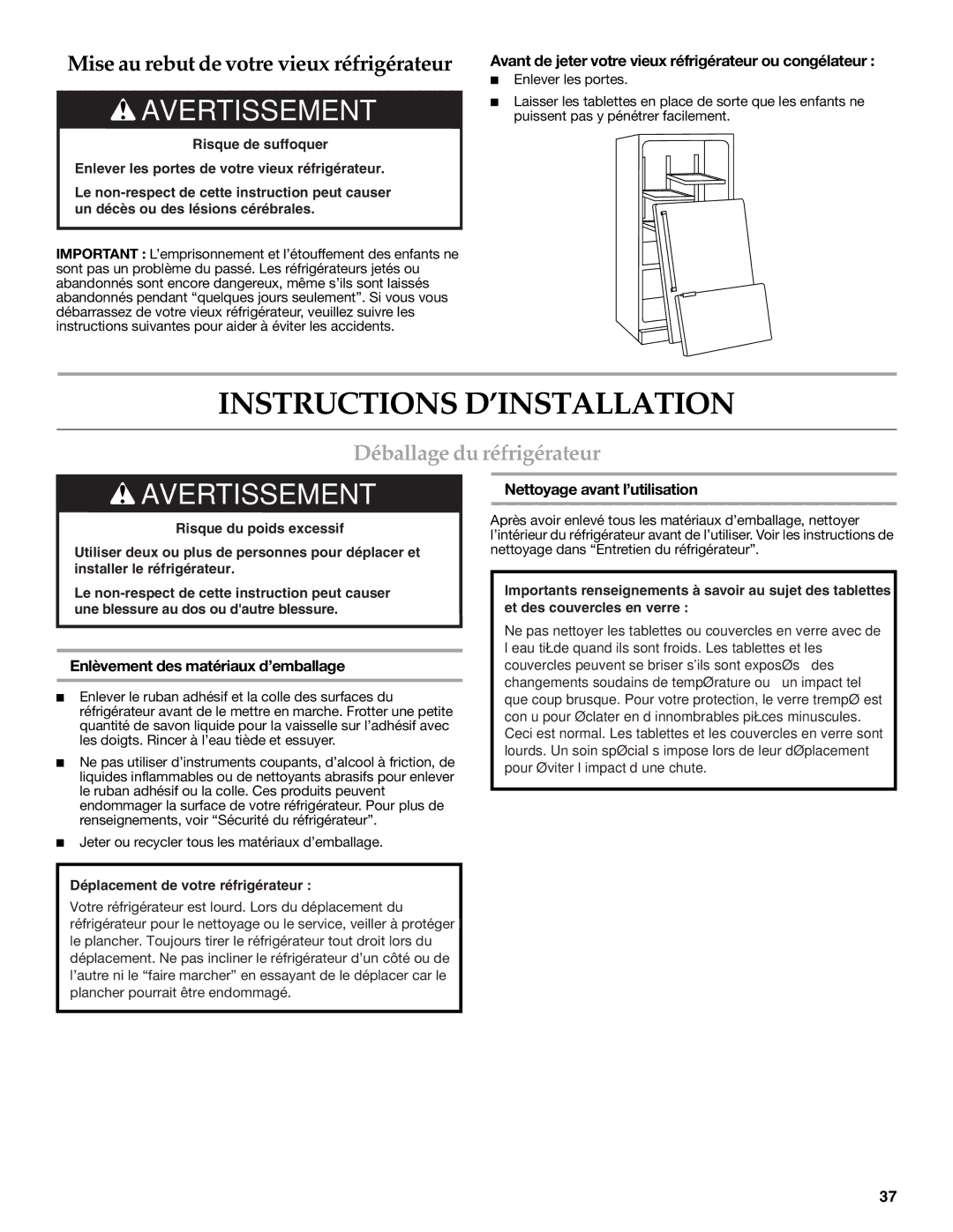 KitchenAid KFIS20XVBL Instructions D’INSTALLATION, Déballage du réfrigérateur, Enlèvement des matériaux d’emballage 