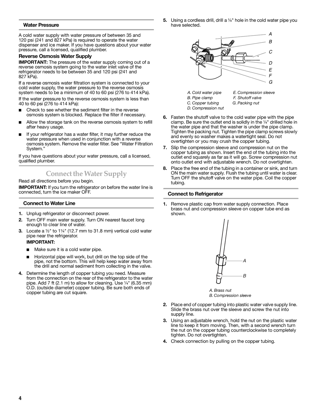 KitchenAid KFIS20XVBL Connect the Water Supply, Water Pressure, Reverse Osmosis Water Supply, Connect to Water Line 