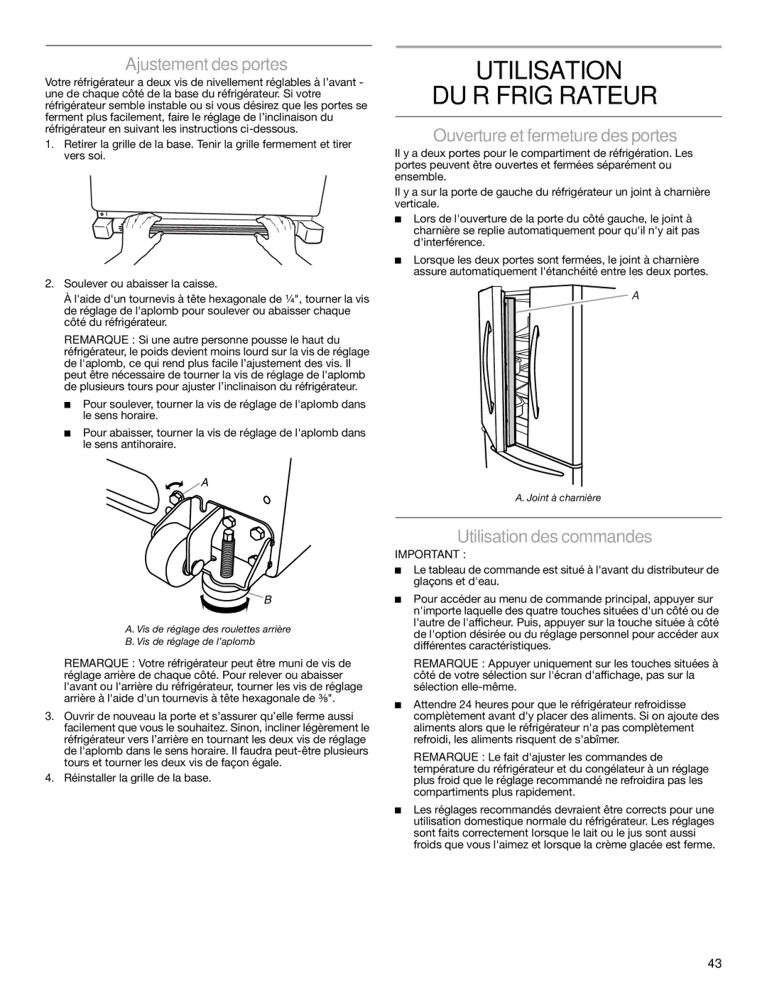 KitchenAid KFIS20XVBL Utilisation DU Réfrigérateur, Ajustement des portes, Ouverture et fermeture des portes 