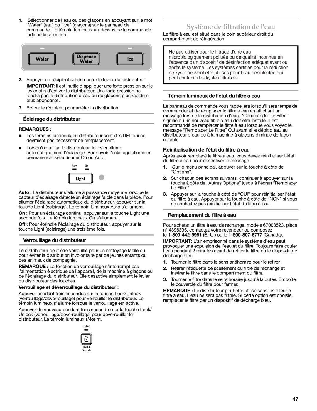 KitchenAid KFIS20XVBL installation instructions Système de filtration de leau 