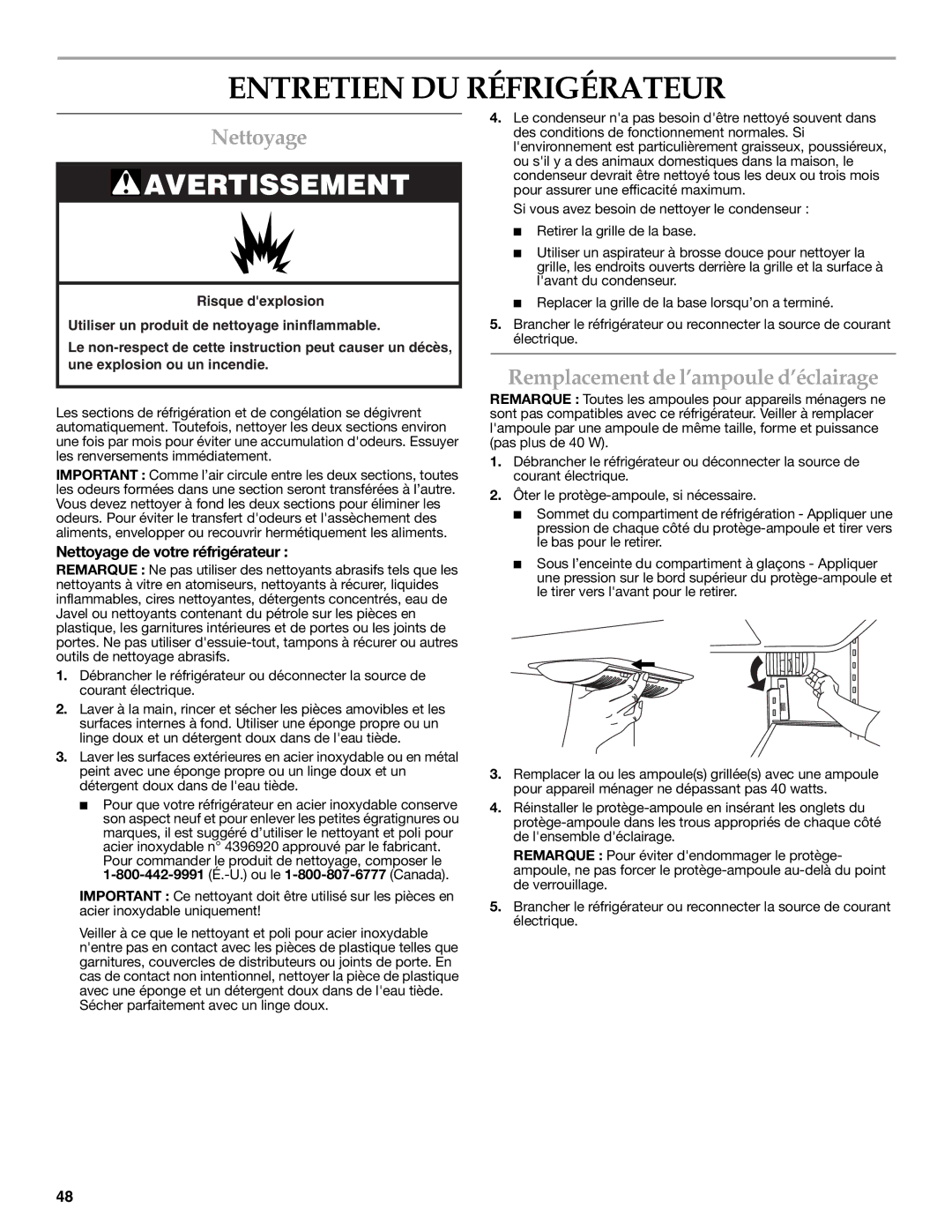 KitchenAid KFIS20XVBL Entretien DU Réfrigérateur, Nettoyage, Remplacement de l’ampoule d’éclairage 