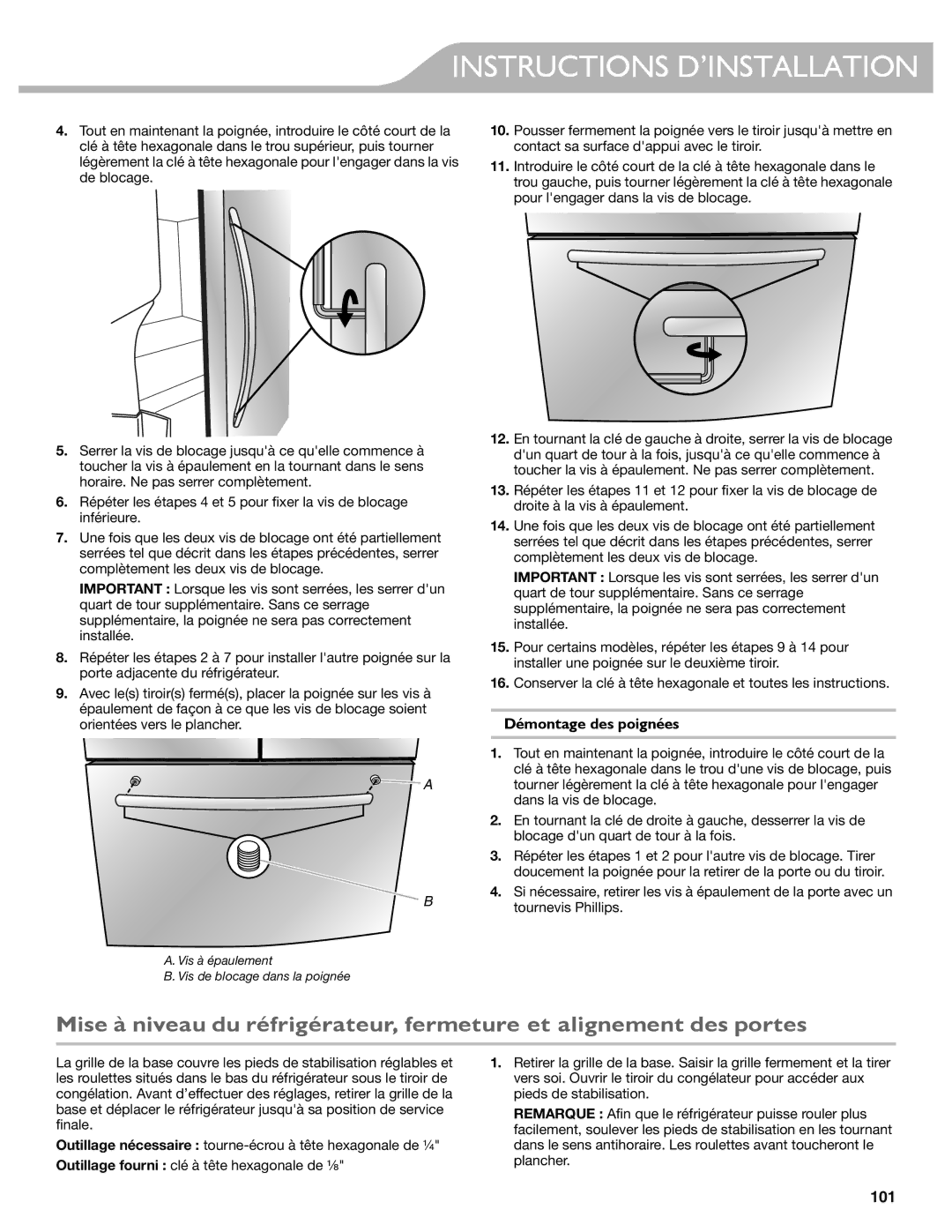 KitchenAid KFIS29PBMS, KFIS29BBMS manual Démontage des poignées 