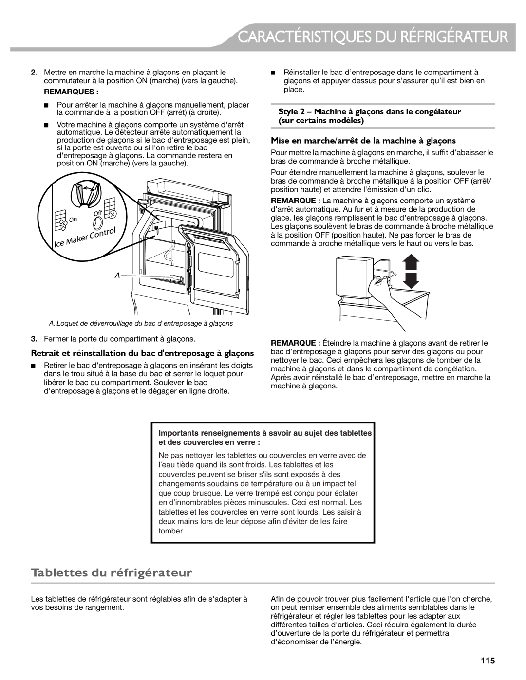 KitchenAid KFIS29PBMS, KFIS29BBMS manual Tablettes du réfrigérateur, Mise en marche/arrêt de la machine à glaçons 