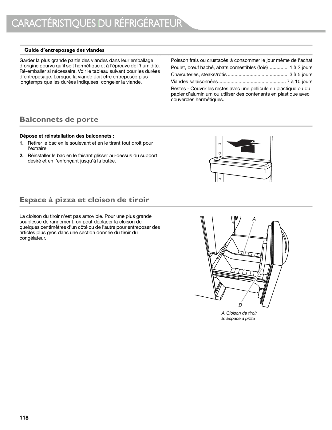 KitchenAid KFIS29BBMS manual Balconnets de porte, Espace à pizza et cloison de tiroir, Guide d’entreposage des viandes 