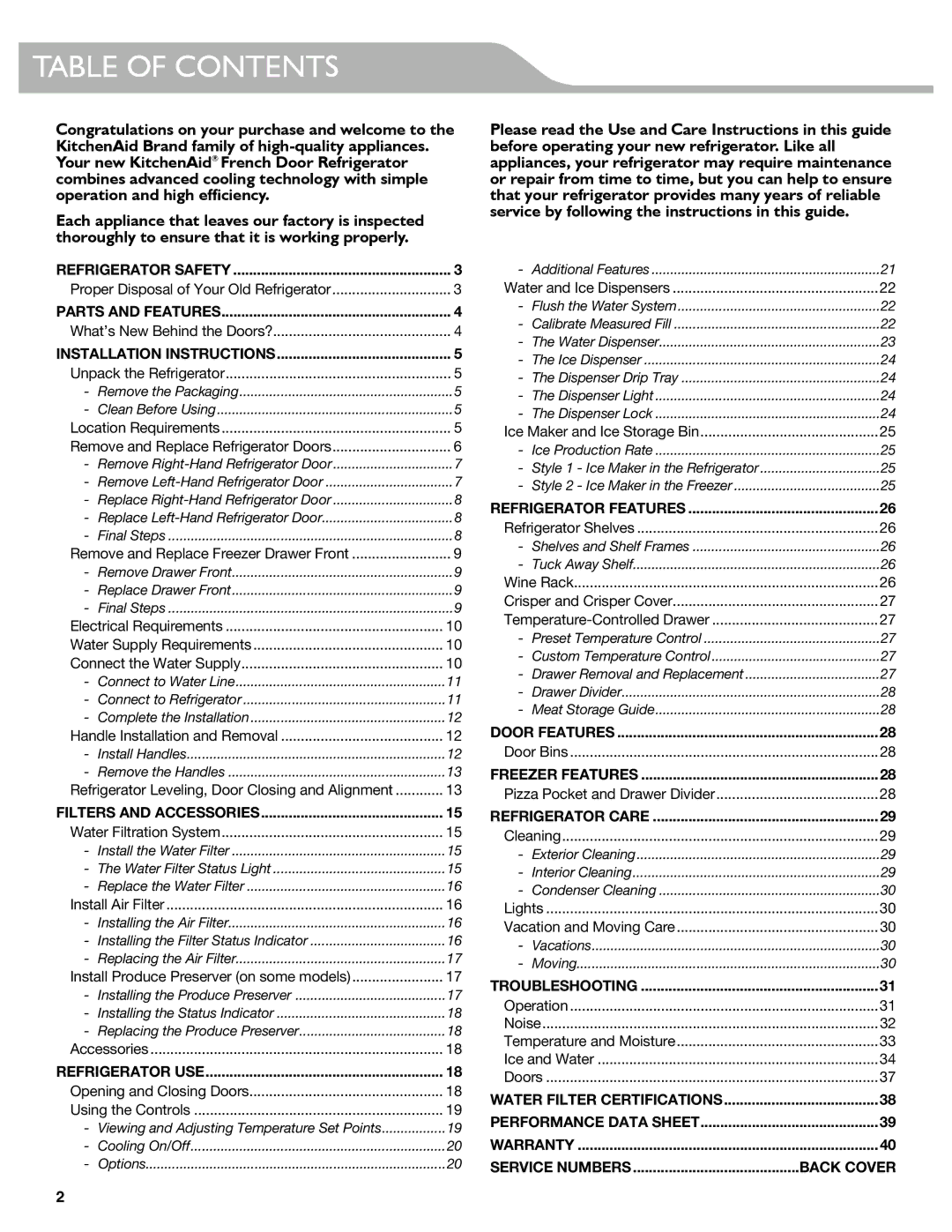 KitchenAid KFIS29BBMS, KFIS29PBMS manual Table of Contents 