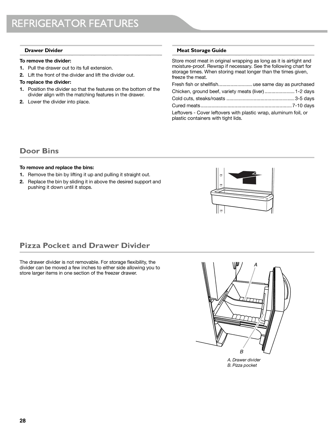 KitchenAid KFIS29BBMS, KFIS29PBMS manual Door Bins, Pizza Pocket and Drawer Divider, Meat Storage Guide 