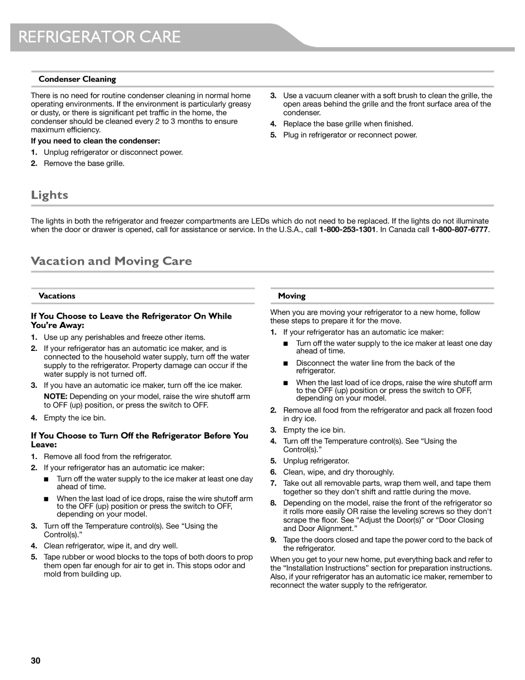 KitchenAid KFIS29BBMS manual Lights, Vacation and Moving Care, If You Choose to Turn Off the Refrigerator Before You Leave 