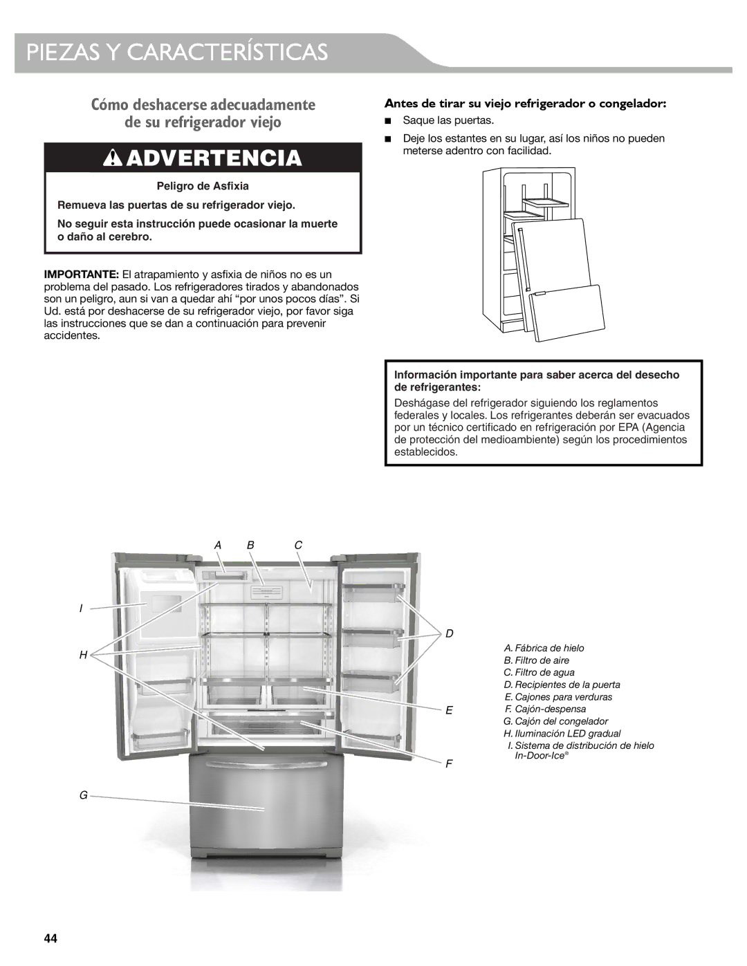 KitchenAid KFIS29BBMS, KFIS29PBMS manual Piezas Y Características, De su refrigerador viejo 