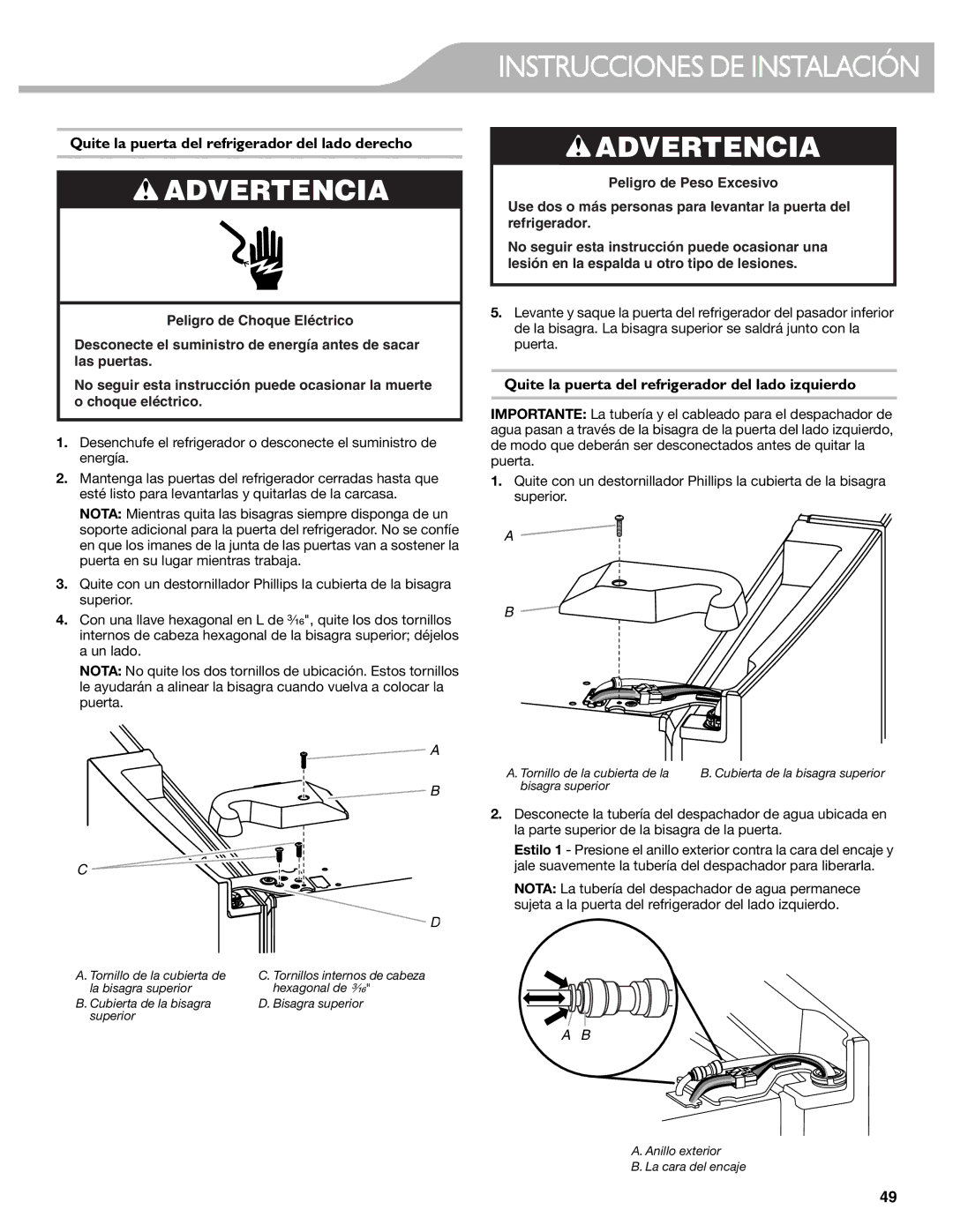 KitchenAid KFIS29PBMS, KFIS29BBMS manual Quite la puerta del refrigerador del lado derecho, Peligro de Choque Eléctrico 