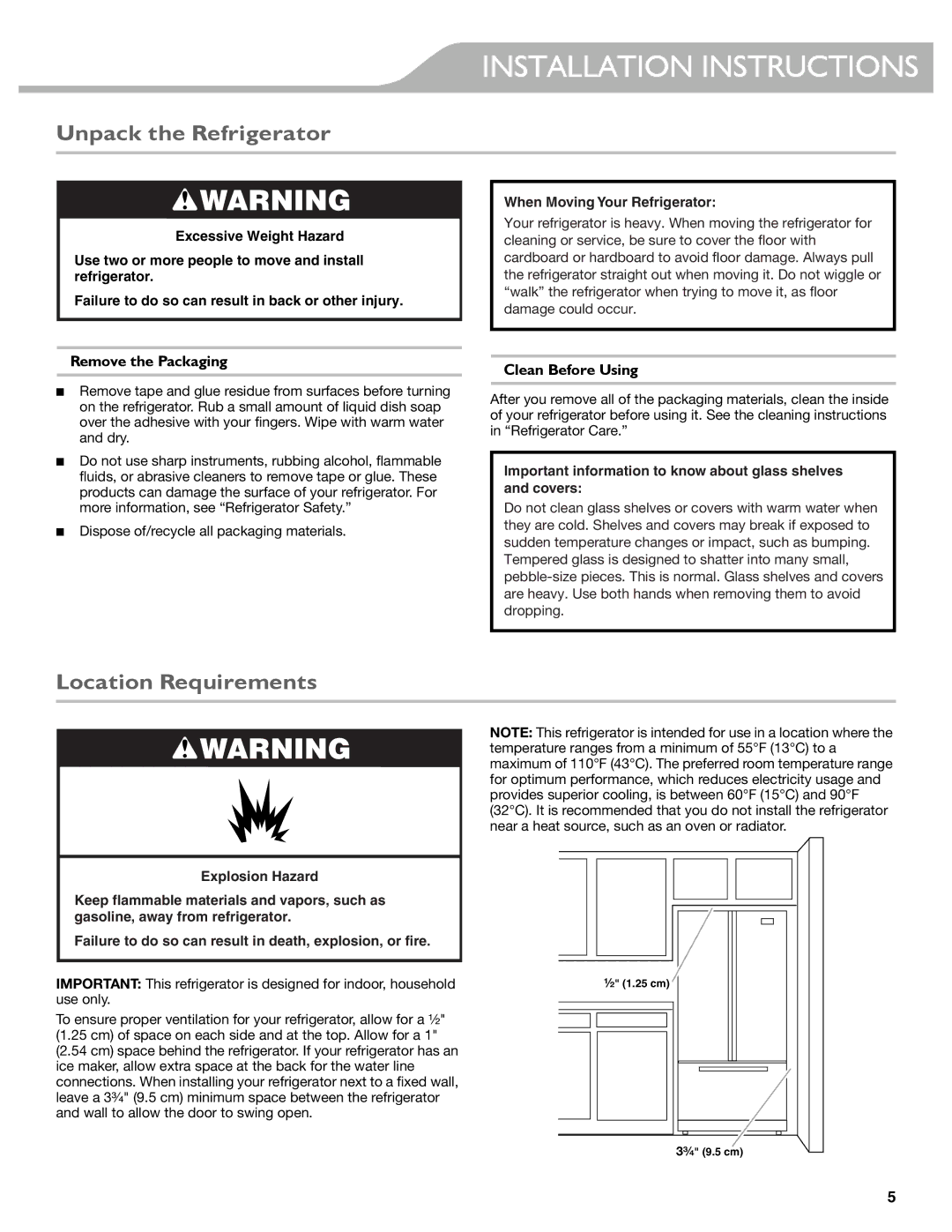 KitchenAid KFIS29PBMS Installation Instructions, Unpack the Refrigerator, Location Requirements, Remove the Packaging 