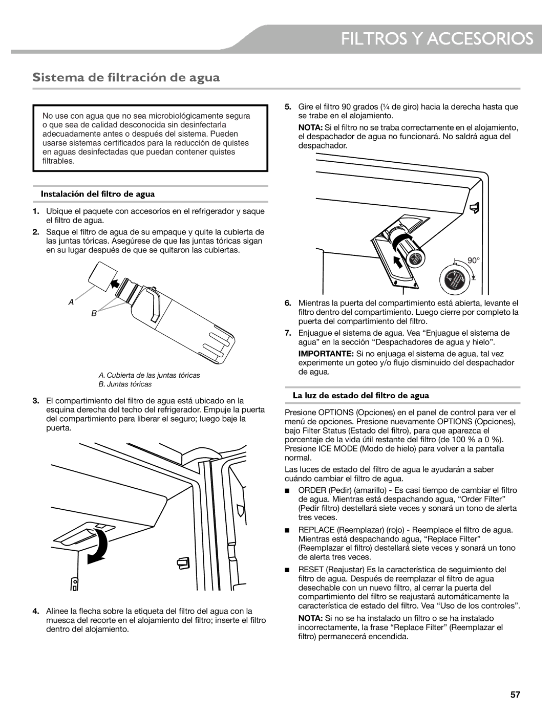 KitchenAid KFIS29PBMS, KFIS29BBMS manual Filtros Y Accesorios, Sistema de filtración de agua, Instalación del filtro de agua 