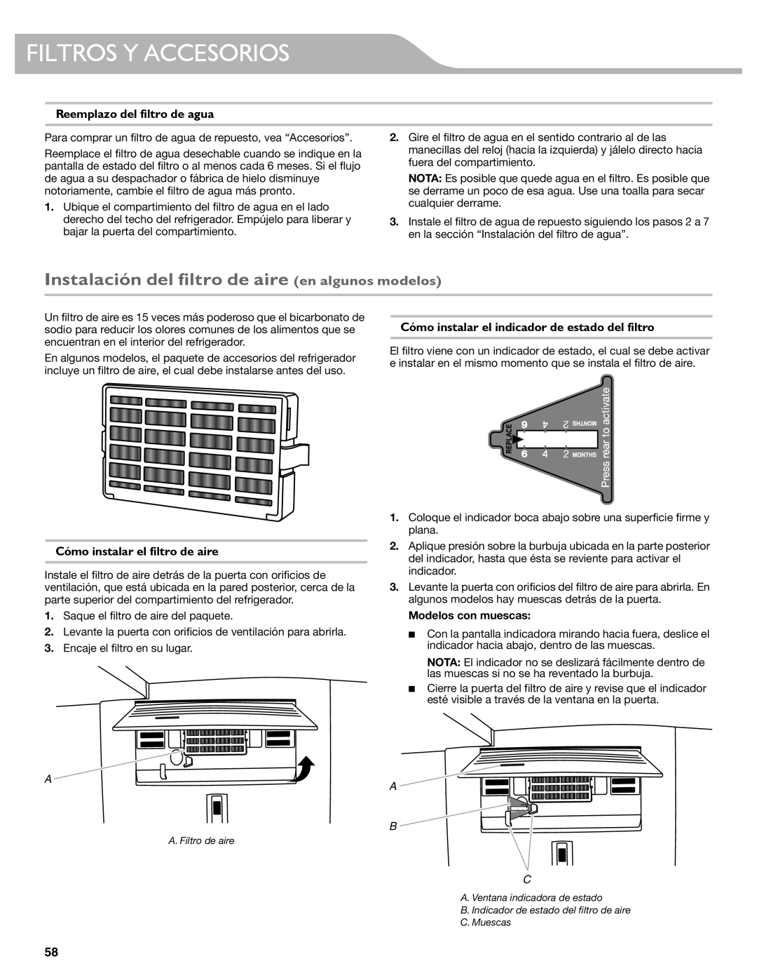 KitchenAid KFIS29BBMS Instalación del filtro de aire en algunos modelos, Reemplazo del filtro de agua, Modelos con muescas 